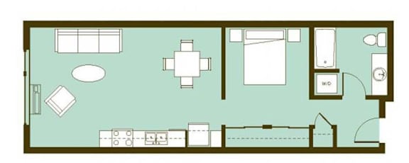 A floor plan of a house with a kitchen, living room, and dining area.
