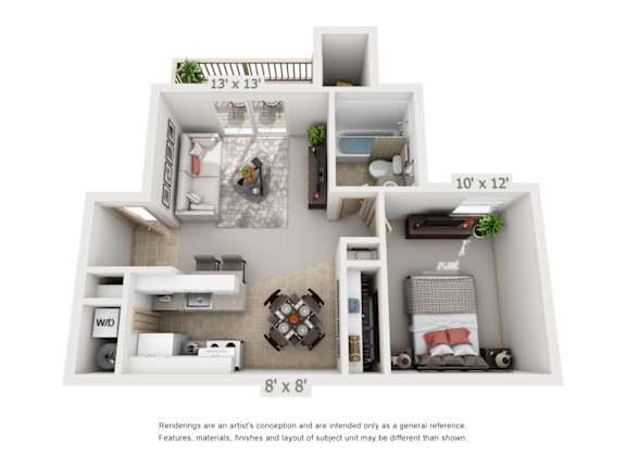 A floor plan of a small apartment with a kitchen, living room, and bedroom.