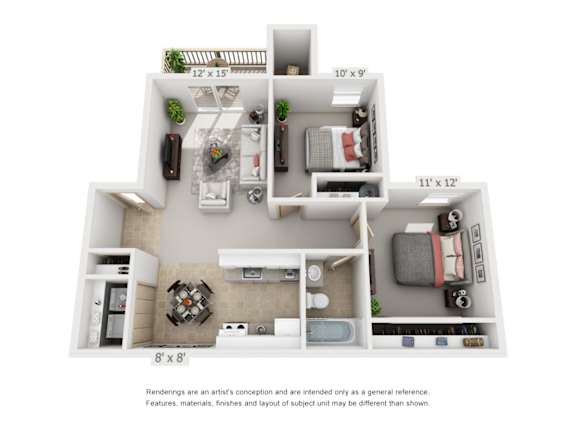 A 3D floor plan of a house with labeled dimensions.