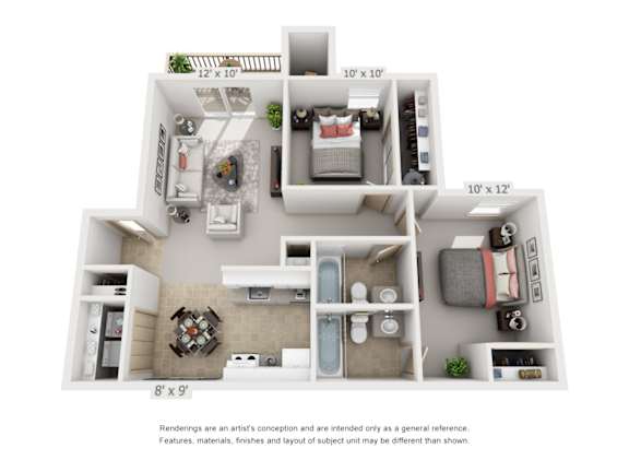A floor plan of an apartment with a living room, kitchen, and two bedrooms.