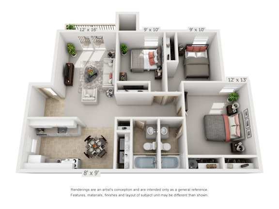 A floor plan of a two-bedroom apartment with a living room, kitchen, and bathroom.