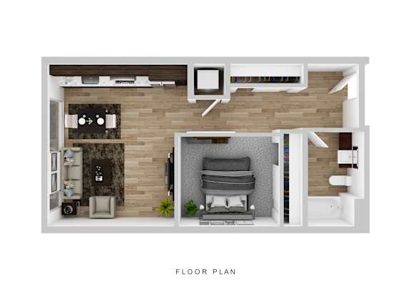 A floor plan of a small apartment with a living room, kitchen, and bedroom.