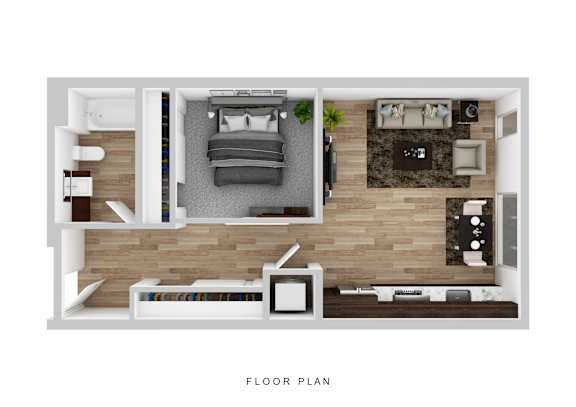 A floor plan of a room with a bed, couch, and television.