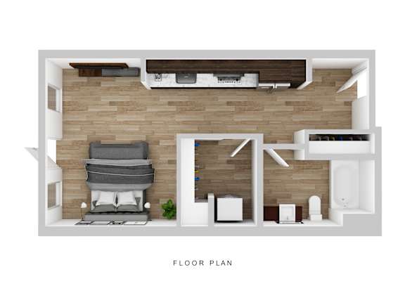 A floor plan of a room with a couch, chair, and a plant.