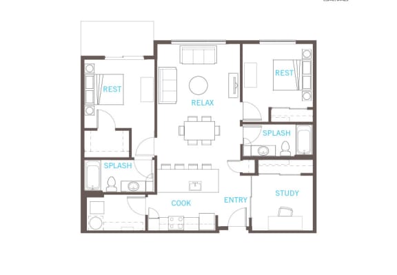 Two Bed Two Bath Floor Plan at Vue 22 Apartments, Washington