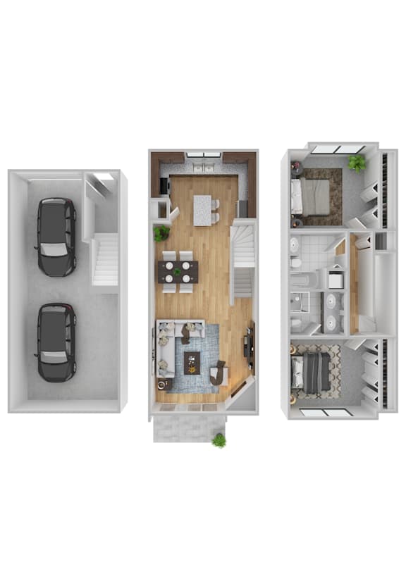 Three images of a house layout with a car in the driveway.