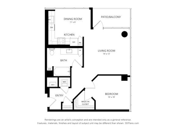 A floor plan of a small apartment with a living room, dining room, kitchen, bathroom, entry and bedroom.
