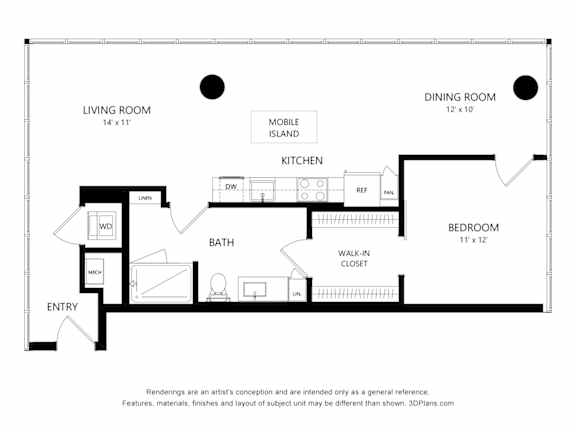 A black and white floor plan of a house with a living room, dining room, kitchen, bath, and bedroom.
