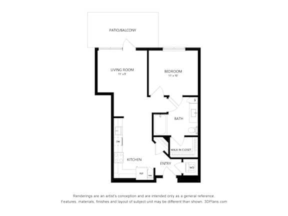 A floor plan of a small apartment with a living room, bedroom, kitchen, and bathroom.