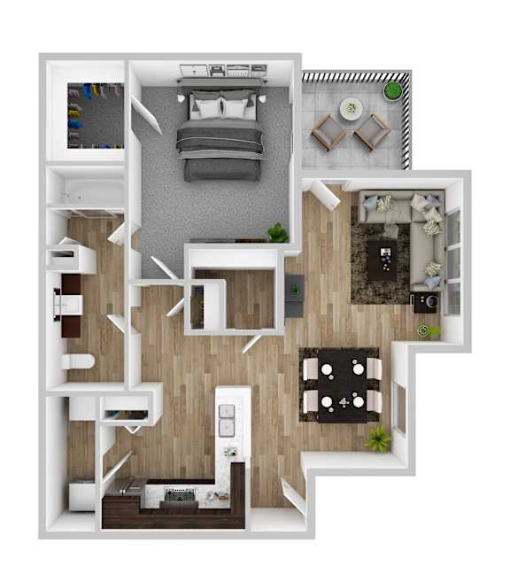 A top-down view of a small apartment with a bedroom, living room, and kitchen.