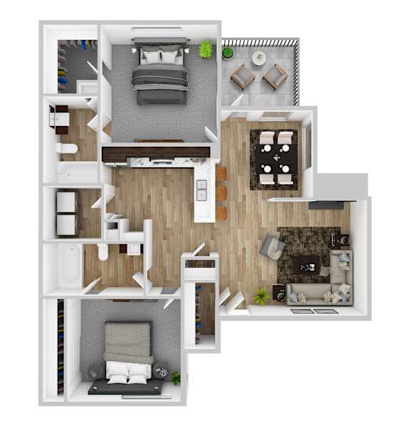 A 3D floor plan of a house with a living room, kitchen, and bedrooms.