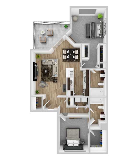 A floor plan of a house with a living room, kitchen, and two bedrooms.