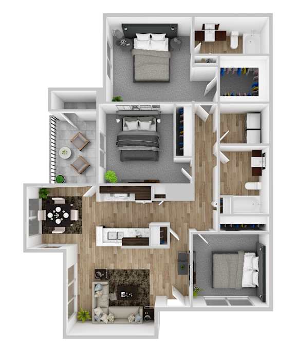 A 3D floor plan of a house with multiple rooms and furniture.