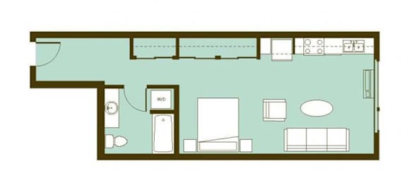 A floor plan of a house with a kitchen, living room, and bathroom.