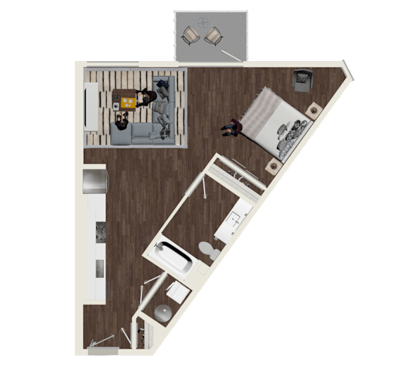 A floor plan of a house with a kitchen, living room, and two bedrooms.
