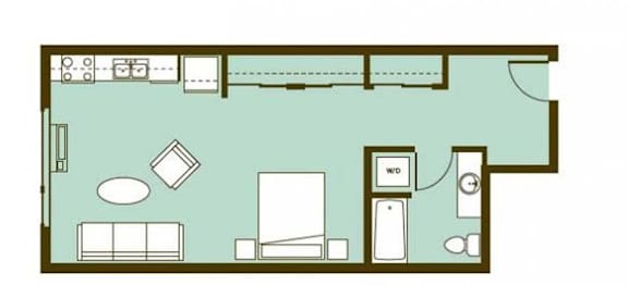 A floor plan of a room with a bed, a couch, a table, and a kitchenette.