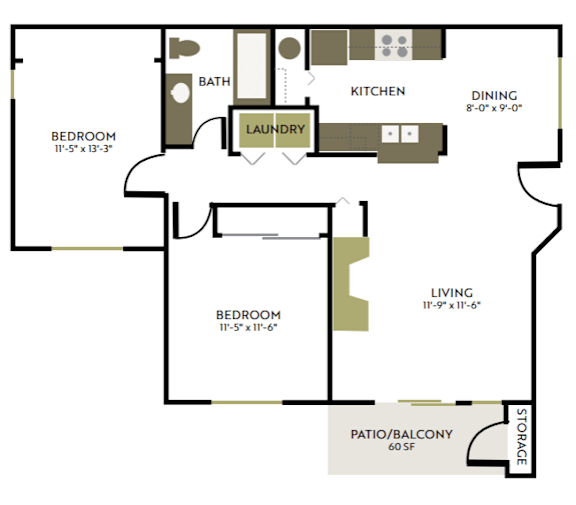 A floor plan of a home with a living room, dining room, kitchen, two bedrooms, a bathroom, and a laundry room.