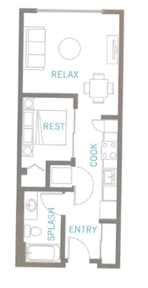 A floor plan of a house with a relax, rest, splash, and entry area.