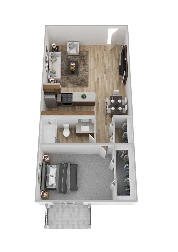 A top down view of a small apartment with a kitchen, living room, and bathroom.