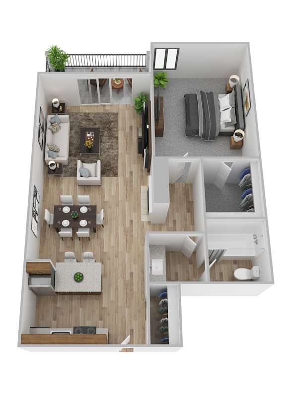 A top-down view of a modern apartment layout with a living room, dining area, kitchen, and bedrooms.