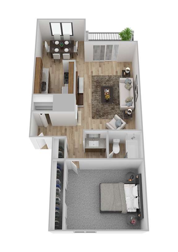 A top-down view of a modern apartment with a living room, kitchen, and bathroom.