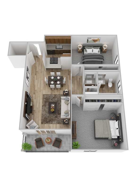 A top-down view of a modern apartment layout with a living room, kitchen, dining area, and bedrooms.