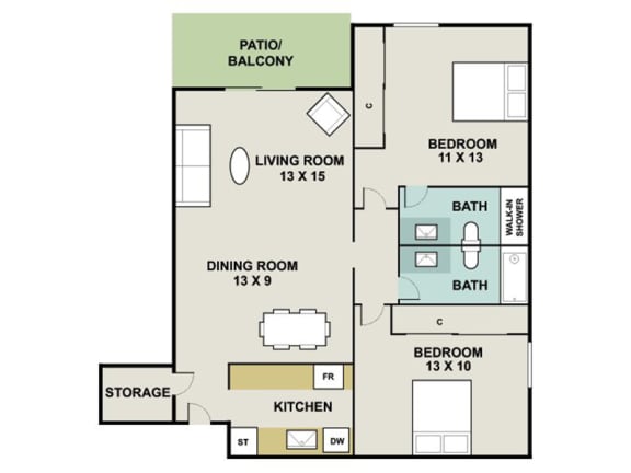 B2 Floor Plan at 3300 Tamarac Apartments