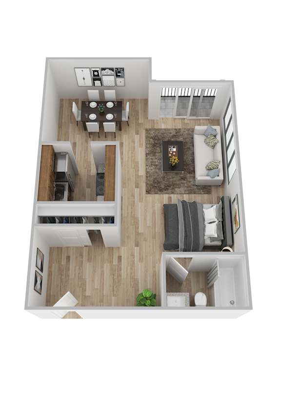 A top down view of a house interior with a living room, dining room, kitchen, and bedrooms.