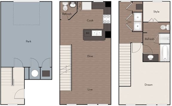 Three floor plans for a house with a park area, a kitchen, a dining area, and a living area.