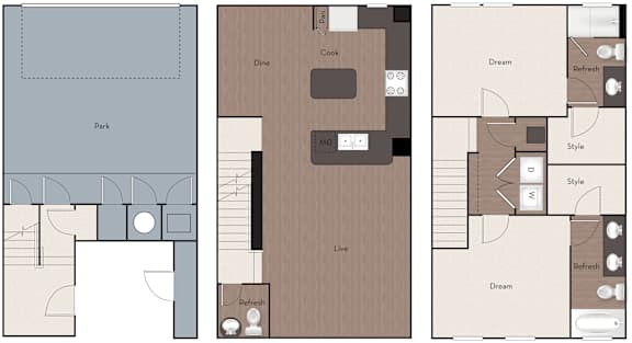 A floor plan of a house with a kitchen, dining area, and living room.