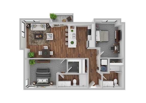 A 3D floor plan of a house with a kitchen, living room, and bathroom.