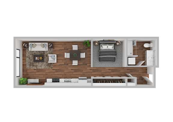 A top-down view of a modern living room with a fireplace and a dining area.