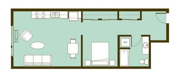 A floor plan of a house with a kitchen, living room, and two bedrooms.