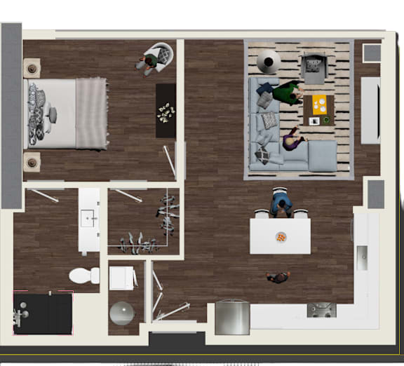 A floor plan of a house with a kitchen, living room, and bathroom.