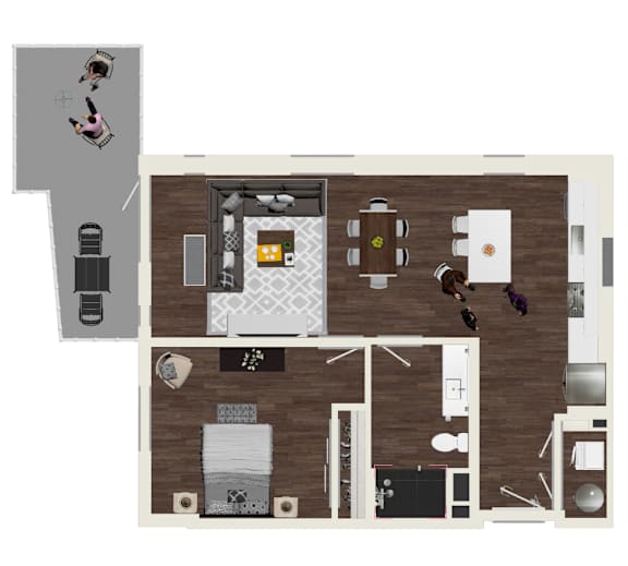A floor plan of a house with a kitchen, living room, and two bedrooms.
