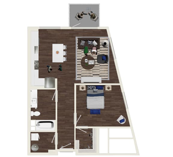A floor plan of a house with a kitchen, living room, and two bedrooms.
