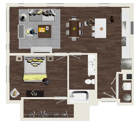 A floor plan of a house with a kitchen, living room, dining room, and bathroom.
