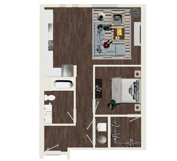 A floor plan of a small apartment with a kitchen, living room, and bathroom.