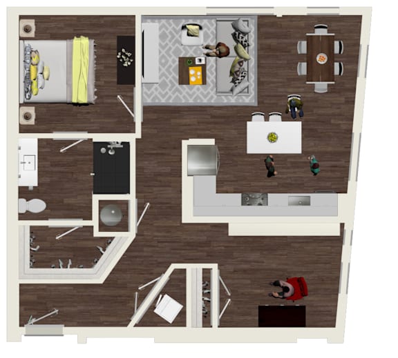 A top-down view of a house interior with a kitchen, living room, and dining area.