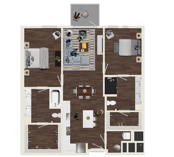 A top-down view of a floor plan showing a living room, kitchen, and bedrooms.