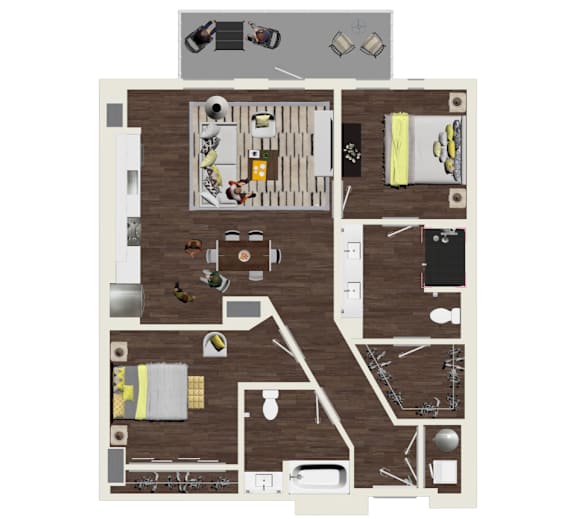 A floor plan of a house with a kitchen, living room, and two bedrooms.