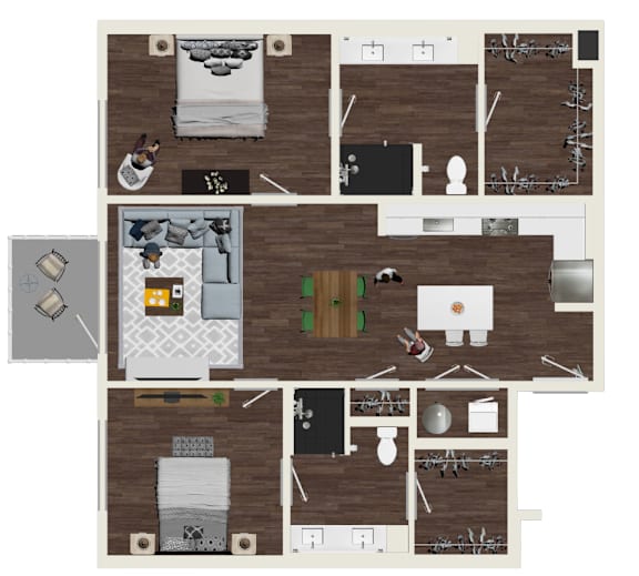 A floor plan of a house with a kitchen, living room, and two bedrooms.