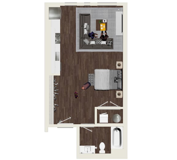 A floor plan of a house with a kitchen, living room, and bathroom.
