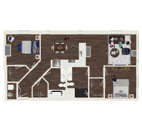 A floor plan of a house with a kitchen, living room, and two bedrooms.