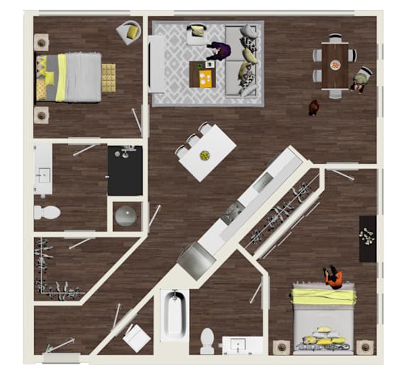 A floor plan of a house with a kitchen, living room, and bathroom.
