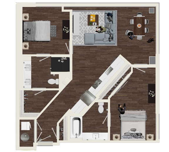 A top-down view of a house layout with a kitchen, living room, and bathroom.