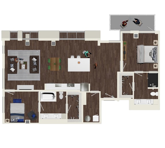 A floor plan of a house with a kitchen, living room, and two bedrooms.