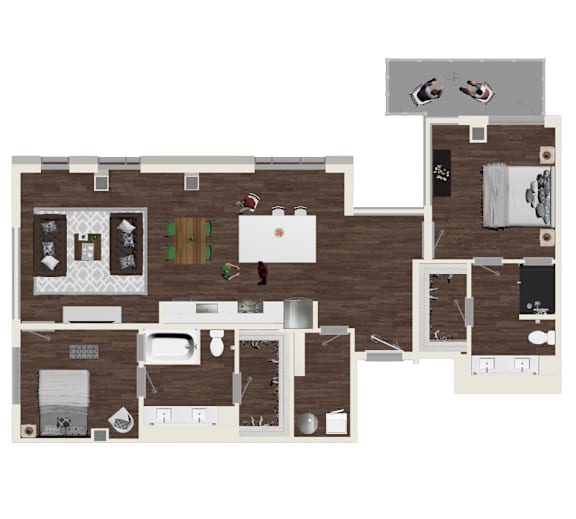 A floor plan of a house with a kitchen, living room, and two bedrooms.