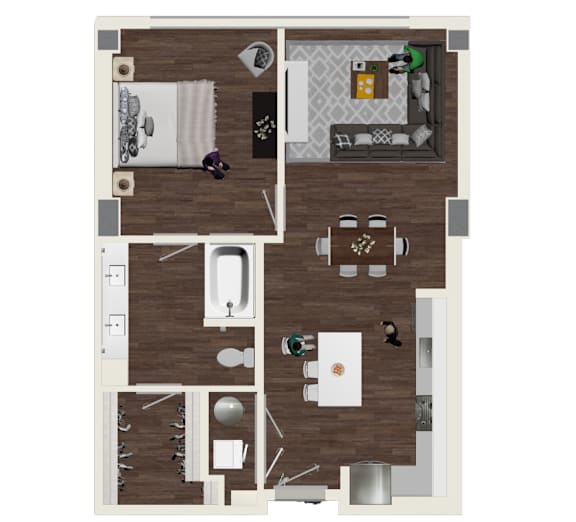 A floor plan of a house with a kitchen, living room, dining room, and bathroom.