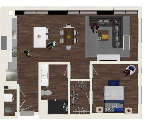 A top-down view of a kitchen with people in it.